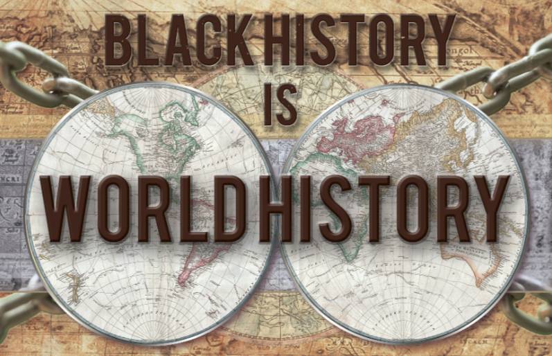 black history is world history program header with old world map and sepia tone background