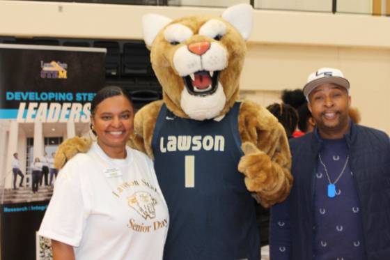 Admissions officials with Lawson State Cougar mascot