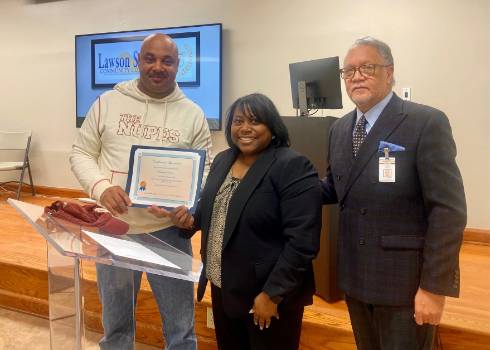 Representative Sellers with Adult Education Director Charlette White and Career Coach Ricky Lee